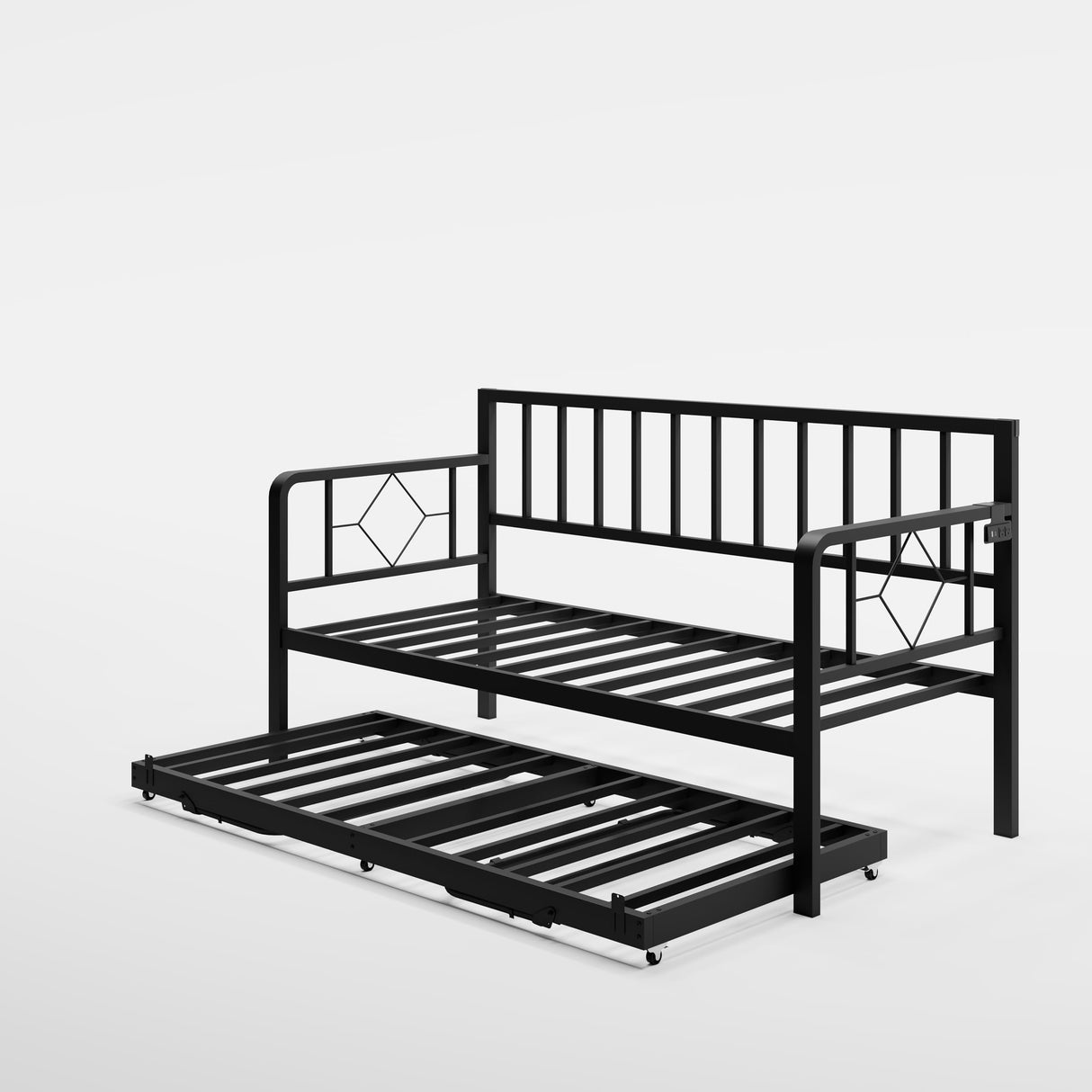 Jocisland DayBed with Charging Station and LED Lights, Metal Twin Daybed with Trundle, Versatile Sofa Bed Frame with Steel Slat Support for Living Room, Bedroom, Guest Room (Pure Black) Jocisland