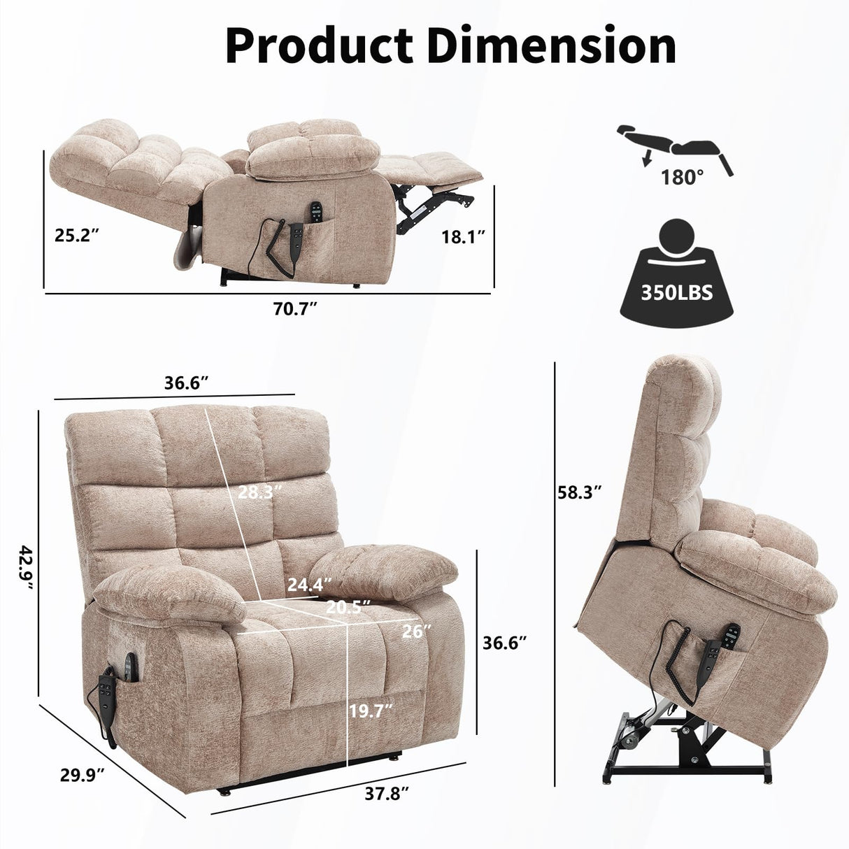 EZZUP Lay Flat Recliner with Vibration Massage and Lumbar Heating, 26'' Wide Recliner Chair with Infinite Position and 2 Remote Controls, Soft Chenille Lift Recliner for Living Room, Khaki EZZUP