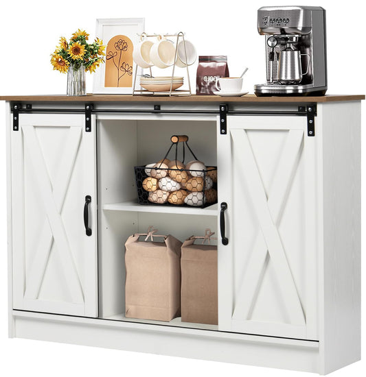 4 EVER WINNER Coffee Bar Cabinet with Sliding Barn Doors, 42” Farmhouse Coffee Station with Adjustable Shelves, Buffet Cabinet with Storage for Dining Room, White