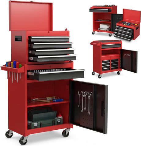 Goplus Tool Chest, 5-Drawer Rolling Tool Storage Cabinet with Detachable Top Tool Box, Liner, Universal Lockable Wheels, Adjustable Shelf, Locking Mechanism, Metal Tool Cart for Garage Workshop Goplus