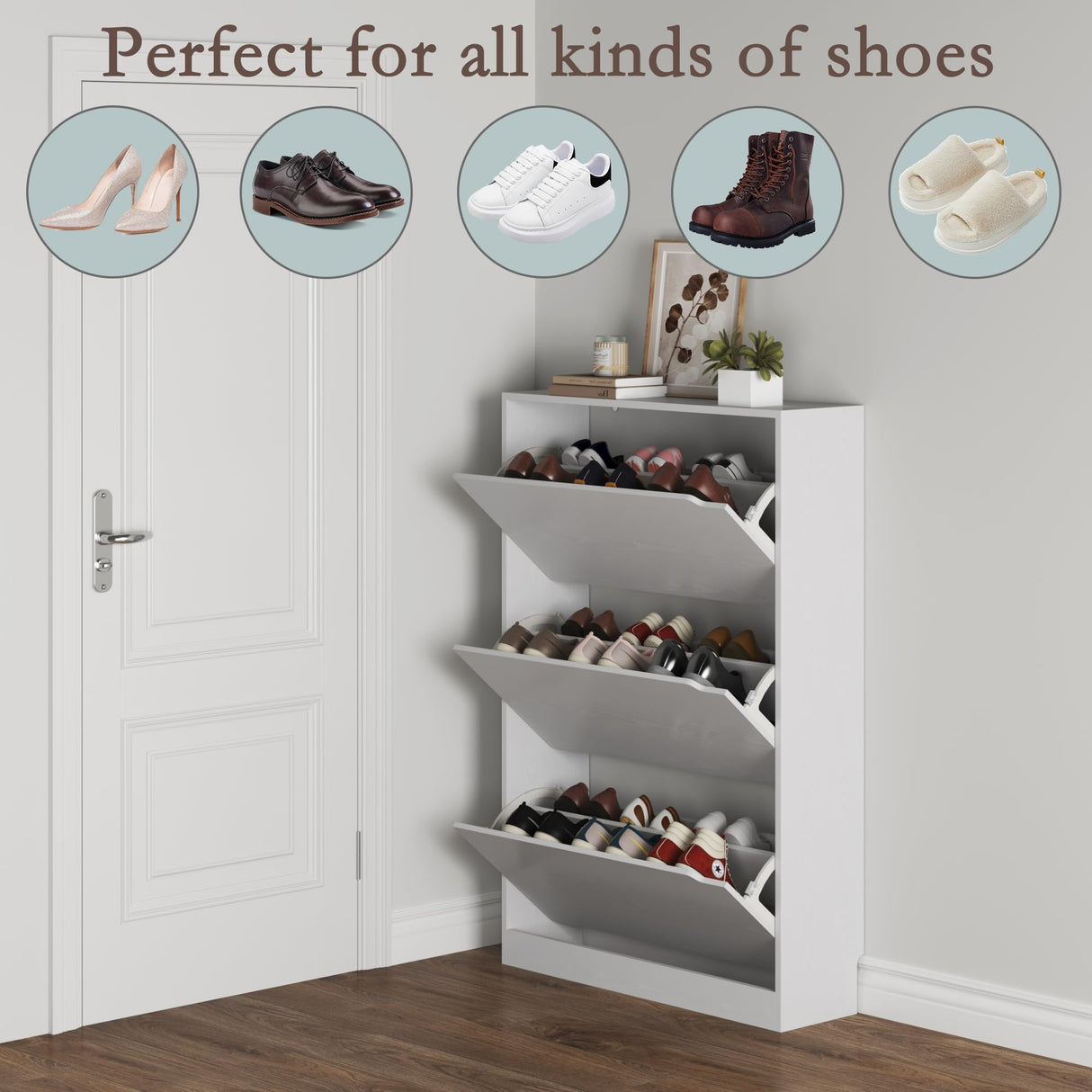 BORNOON Shoe Cabinet with 3 Flip Drawers, Hidden Wood Shoe Cabinet,Freestanding Shoe Storage Cabinet for Entryway Hallway.White. 47.2" H*31.5" W*9.25" D. BORNOON