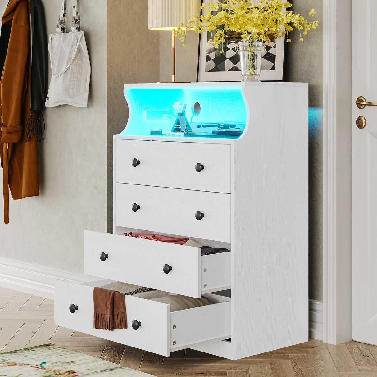 Hasuit White Dresser with Charging Station, LED Dresser with 4 Large Drawers, Chest of Drawers with Open Space, Large Capacity Tall Storage Cabinet, White Dresser for Bedroom Hasuit