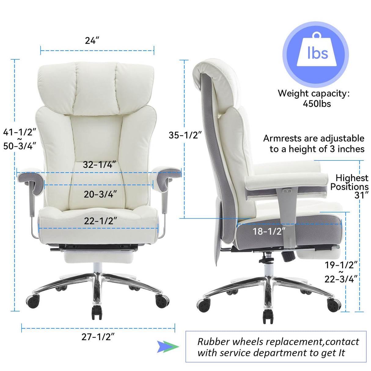 Efomao Big and Tall Office Chair 450lbs, Ergonomic Office Chair, Executive Office Chair for Heavy People, Computer Chair with Foot Rest, High Back Office Chair, PU Leather White Office Chair Efomao