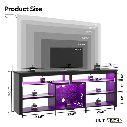 Bestier 70 Inch TV Stand, Tall LED Entertainment Center for 70/75/80 inch TV, Gaming TV Cabinet with Storage for PS5, Modern TV Console for Living Room Bedroom, Black Marble
