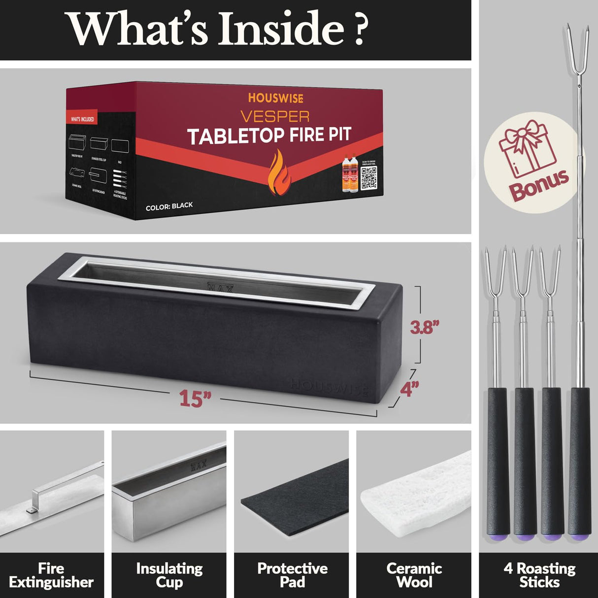 Houswise Tabletop Fire Pit - Concrete Outdoor & Indoor Fire Pit Tabletop, Smores Maker Kit, Table Top Firepit, Small Portable Mini Indoor Fireplace Houswise