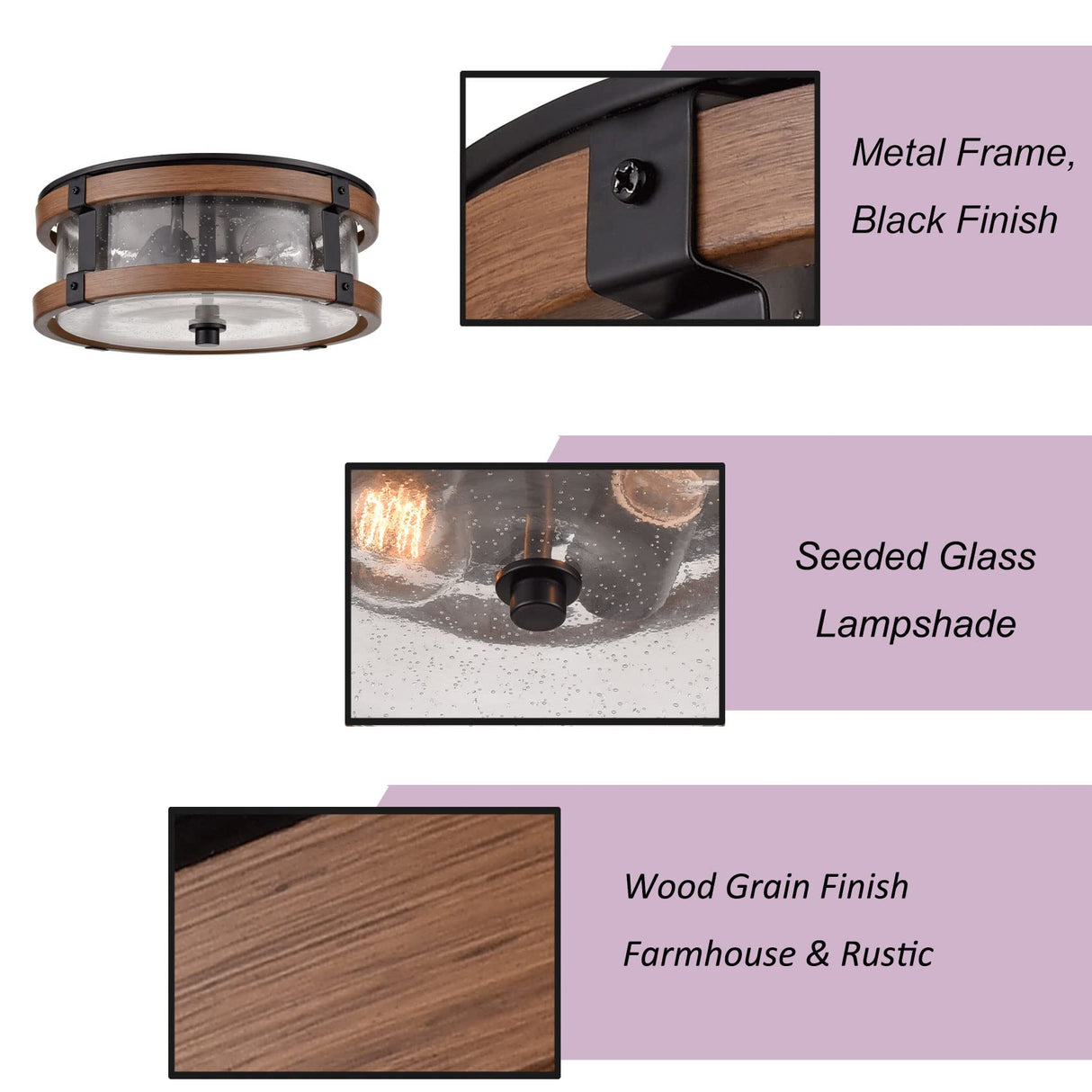 DEYNITE Farmhouse Ceiling Light Fixture 2-Light Hallway Ceiling Light in Black & Rustic Wood Grain Finish with Clear Seeded Glass Shade DEYNITE