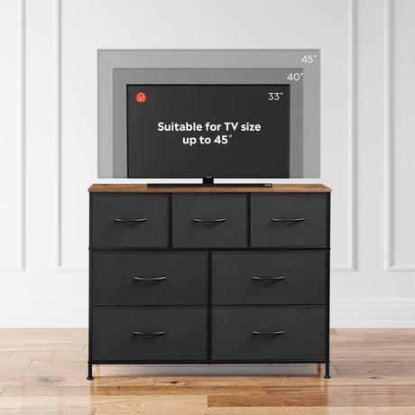 WLIVE Dresser TV Stand, Entertainment Center with Fabric Drawers, Media Console Table with Metal Frame and Wood Top for TV up to 45 inch, Chest of Drawers for Bedroom, Black and Rustic Brown WLIVE