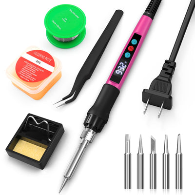 Soldering Iron Kit, 100W Soldering Gun with LED Digital Display, Adjustable Temperature 356-932℉ Solder Kit for Electronics, Includes Soldering Tip, Solder Wire, Stand, Tweezers and Paste, Rose Red