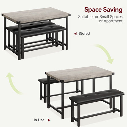 GAOMON Dining Table Set for 4, Kitchen Table with Benches, Rectangular Dining Room Table Set with 2 Upholstered Benches, 3 Piece Kitchen Table Set for Small Space, Apartment, Studio, Retro Gr - WoodArtSupply