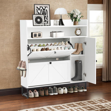 TIMSATIO Shoe Storage Cabinet with 2 Flip Drawers for Entryway, 4-Tiers Slim Freestanding Shoes Boots Rack Cabinet Organizer, Narrow Farmhouse Hidden Shoe Cabinet for Foyer (White) TIMSATIO