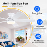 BYKISTOK White Ceiling Fans with Lights - 46" Flush Mount Low Profile Ceiling Fan Light with 5 Double-Sided Blades, 6 Speeds 3CCT Reversible Motor, Modern Ceiling Fan for Indoor/Outdoor Patios BYKISTOK