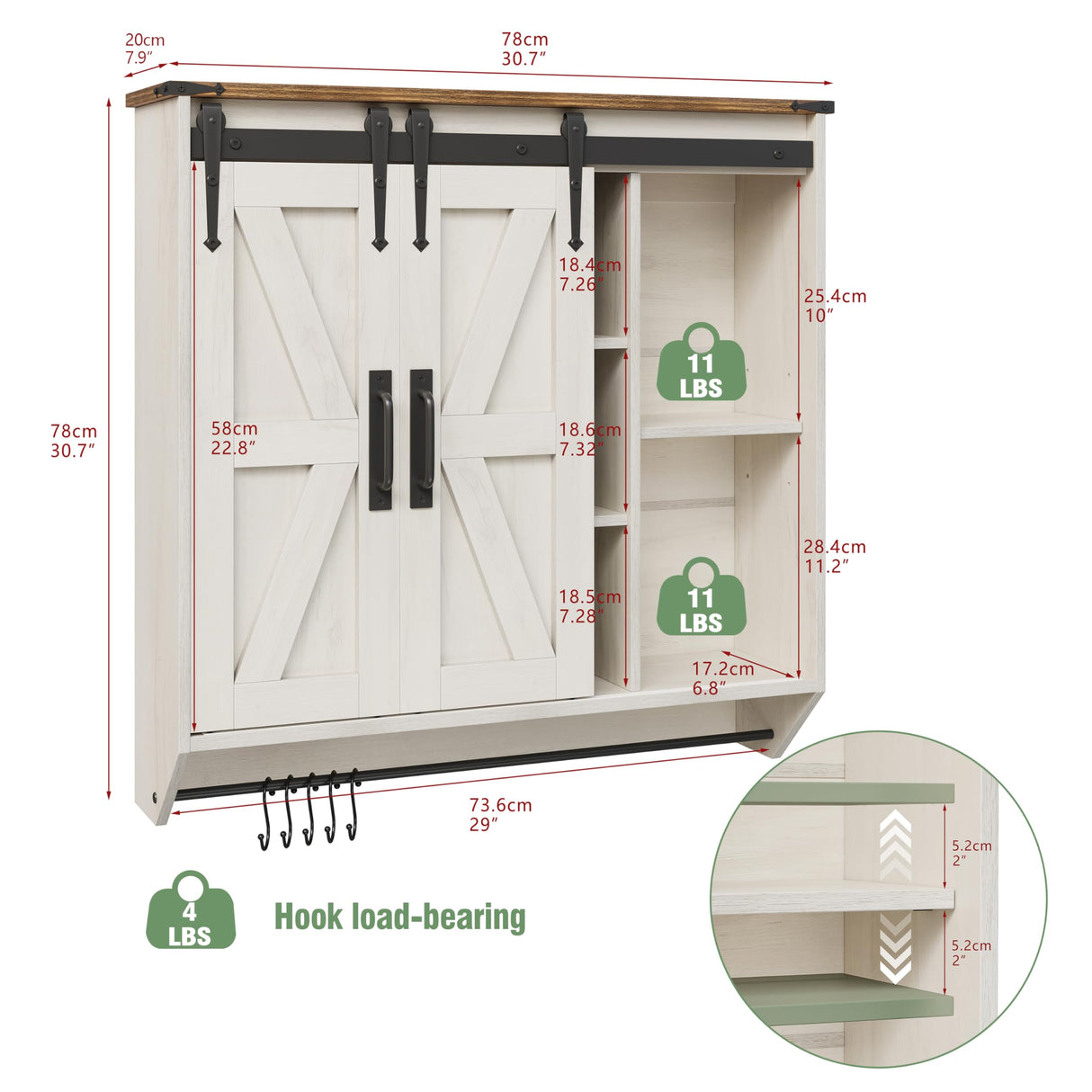 Trironsun Farmhouse Medicine Cabinet 2 Sliding Barn Doors 3 Tier Rustic Wood Wall Storage Cabinet Adjustable Shelf Towel Bar Wall Mounted Bathroom Wall Cabinet (Antique White, 30.71 Inch) Trironsun