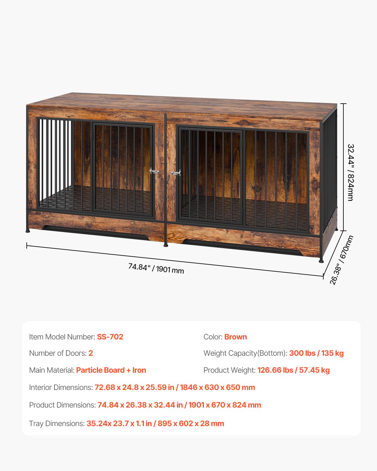VEVOR 75" Dog Crate Furniture for 2 Dogs,Extra Large Double Dog Crate Furniture Large Breed with Divider & Double Doors,Large Wooden Dog Crate Furniture TV Stand for Medium Large Dogs Brown VEVOR