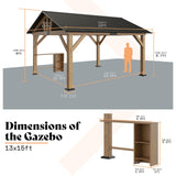 AMERLIFE 13x15 ft Spruce Wood Gazebo, Outdoor Gazebo with Bar Storage, Hardtop Wooden Paviloinwith Metal Steel Gable Roof, Patio, Garage, Black + Natural Wood AMERLIFE