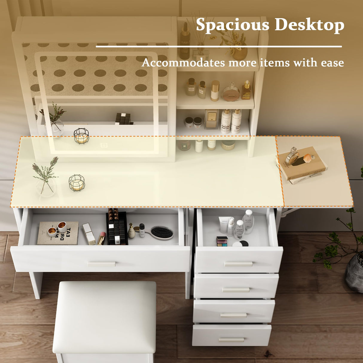 Runboll Stylish Vanity Desk with Mirror and Lights, White Dressing Table Set with Chair, 5 Drawers & Open Shelves, Adjustable 3-Color LED Lighting, Perfect for Bedroom Makeup Runboll