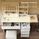 Runboll Stylish Vanity Desk with Mirror and Lights, White Dressing Table Set with Chair, 5 Drawers & Open Shelves, Adjustable 3-Color LED Lighting, Perfect for Bedroom Makeup Runboll