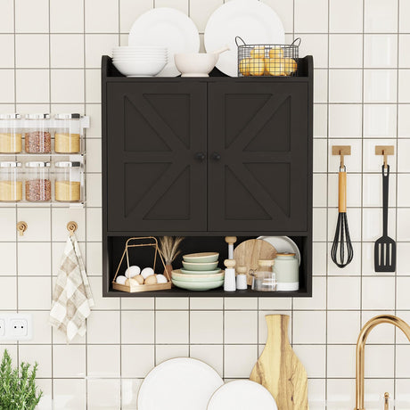 EasyCom 22" W x 26" H Bathroom Wall Cabinet, Farmhouse Medicine Cabinet with Adjustable Shelves and Double Barn Doors, Over The Toilet Storage Cabinet for Bathroom, Kitchen, Living Room, Black EasyCom