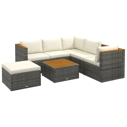 Outsunny Patio Wicker Furniture Set with Cushion, 7 Pieces Outdoor PE Rattan Sectional Sofa with Adjustable Backrest Seat Panel, Acacia Wood Accents, Metal Frame, White - WoodArtSupply