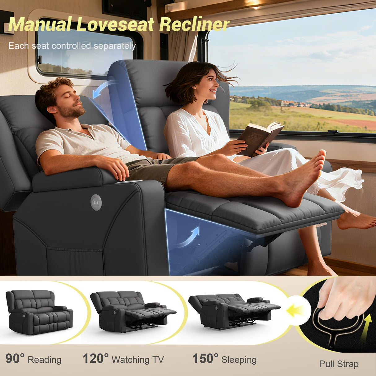 MOSGAT RV Loveseat Recliner Sofa, Reclining Loveseat Home Theater Seating with USB Ports, Cup Holders, Insert Pockets, Wall Hugger RV Recliners for Movie Room, Recline Movie Seats Gaming Sofa, Gray MOSGAT