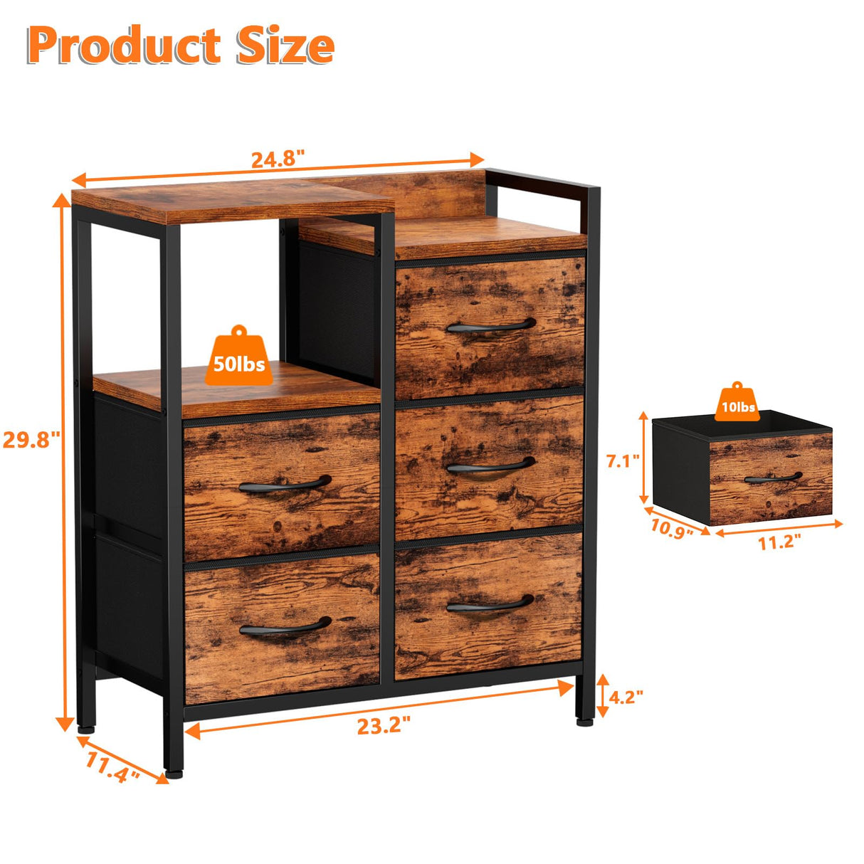 Furnulem 5 Drawer Rustic Brown Dressers for Bedroom 2 Tier Shelf Storage Small Fabric Dresser for Closet Sturdy Metal Frame Modern Style Storage Cabinets Organization Units for Hallway Rooms Furnulem