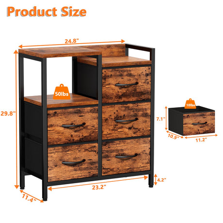 Furnulem 5 Drawer Rustic Brown Dressers for Bedroom 2 Tier Shelf Storage Small Fabric Dresser for Closet Sturdy Metal Frame Modern Style Storage Cabinets Organization Units for Hallway Rooms Furnulem