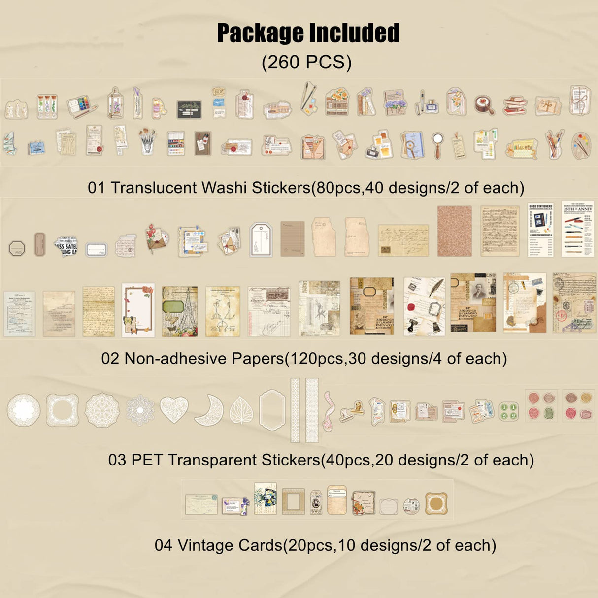 260PCS Vintage Journaling Scrapbooking Supplies Scrapbook Sticker Paper Ephemera Pack for Bullet Junk Journal Planners Collage Craft Notebooks Album (Pen Ink and Letter) Esweny