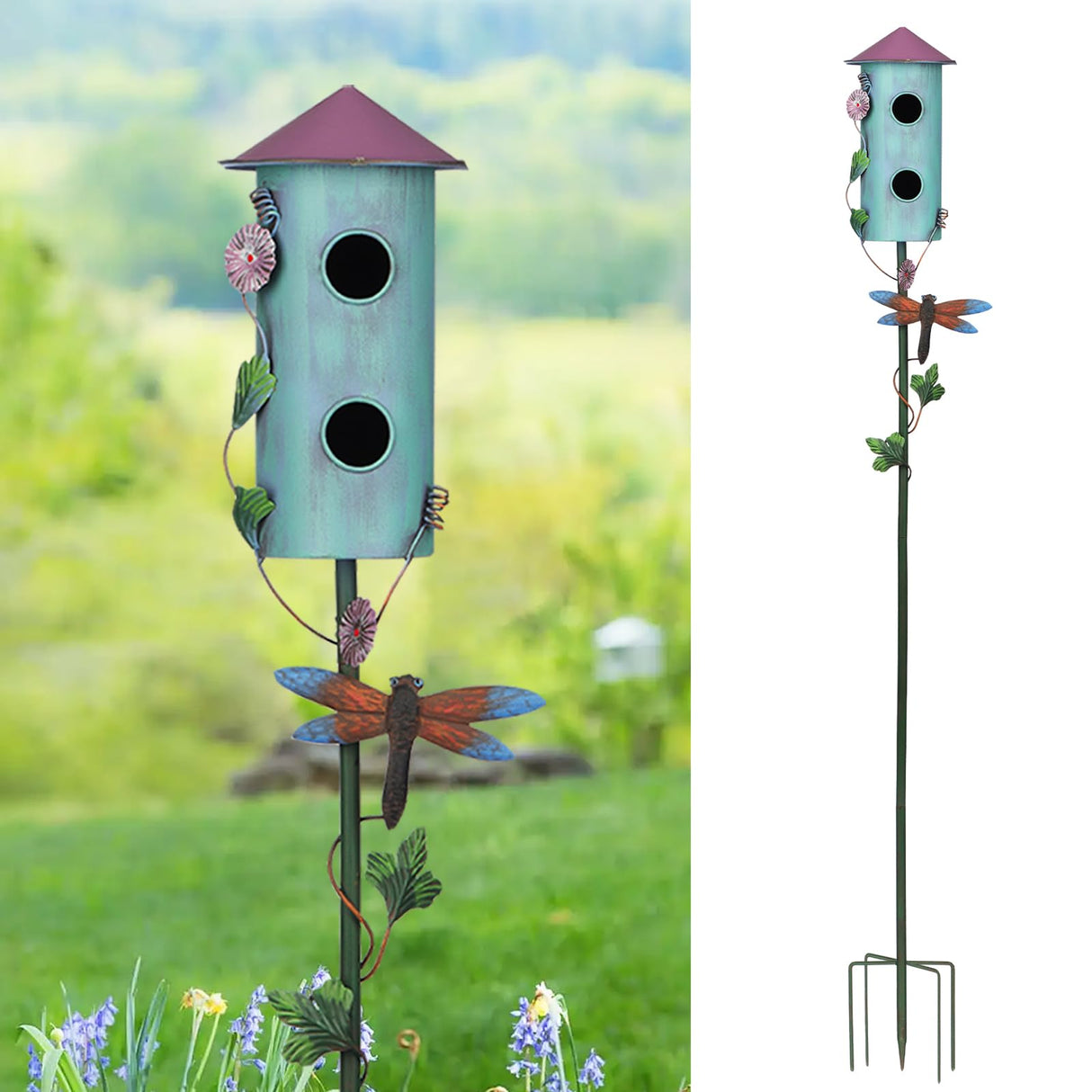 BAYN 57” Bird Houses Stake for Outside, Metal Wild Bird Feeder Double-Hole Birdhouse Stake with Cylinders Design Outdoor Decorations for Patio, Backyard, Garden BAYN