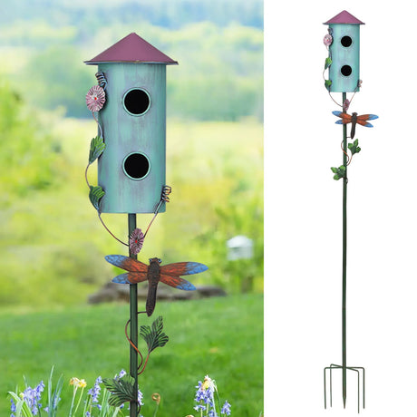 BAYN 57” Bird Houses Stake for Outside, Metal Wild Bird Feeder Double-Hole Birdhouse Stake with Cylinders Design Outdoor Decorations for Patio, Backyard, Garden BAYN