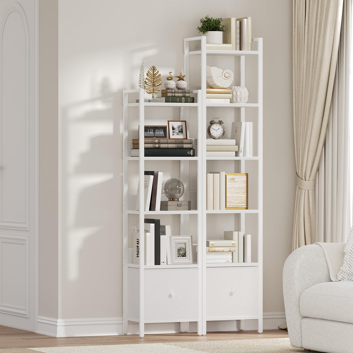 MAHANCRIS Bookshelf, 5-Tier Bookcase with Drawer, Small Book Shelf for Small Space, Storage Shelf Organizer, for Living Room, Bedroom, Study, Kitchen, White BKWT55101 MAHANCRIS