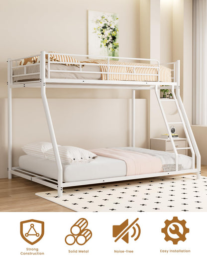 Miscoos Twin over Full Metal Bunk Bed, Heavy-Duty Full Bed Frame with Full-Length Guardrails and Safety Ladder, Space Saving Metal Bunk Bed, No Box Spring Needed, White