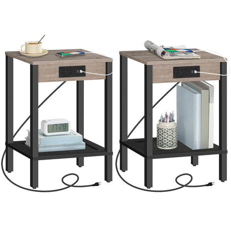 HOOBRO Side Table with Charging Station, Set of 2 End Tables with USB Ports and Outlet, Nightstand with 2-Tier Storage Shelf, for Living Room, Bedroom, Small Space, Greige and Black BG91UBZP201 HOOBRO