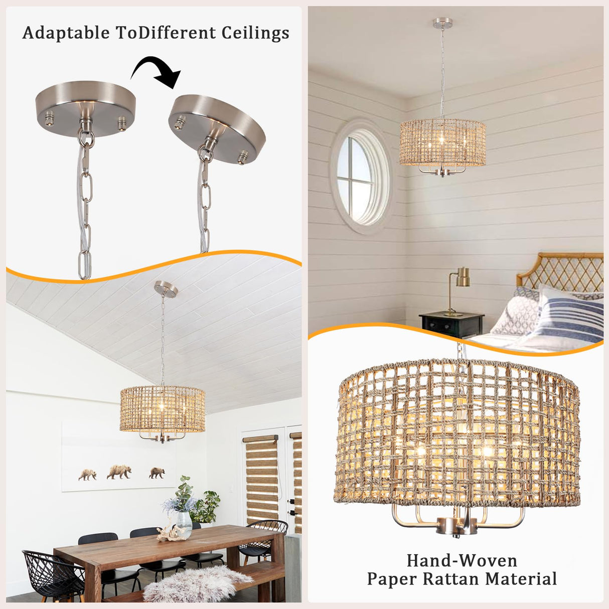 BYKWRTV Rattan Farmhouse Chandelier Light Fixture, 5-Light Boho Chandeliers for Dining Room with Wicker Lampshade, Rattan Pendant Light Drum Chandelier for Living Room Kitchen Island Bedroom BYKWRTV