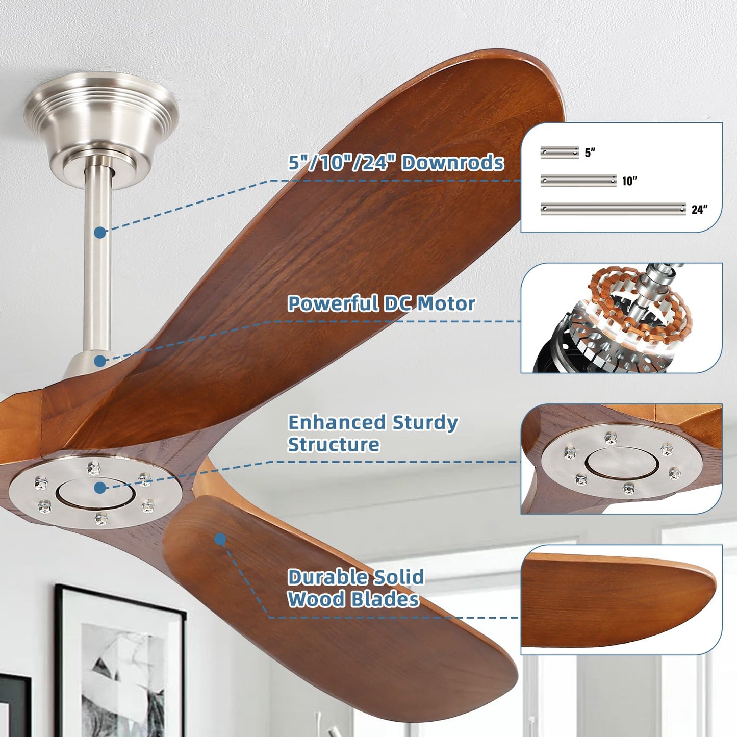 CACI Mall 60 inch 3 blade wood ceiling fan no Light, Solid, Quiet, Reversible DC Motor, Outdoor, Indoor Ceiling Fan for Living Room, Patio, Bedroom, Porch, Farmhouse