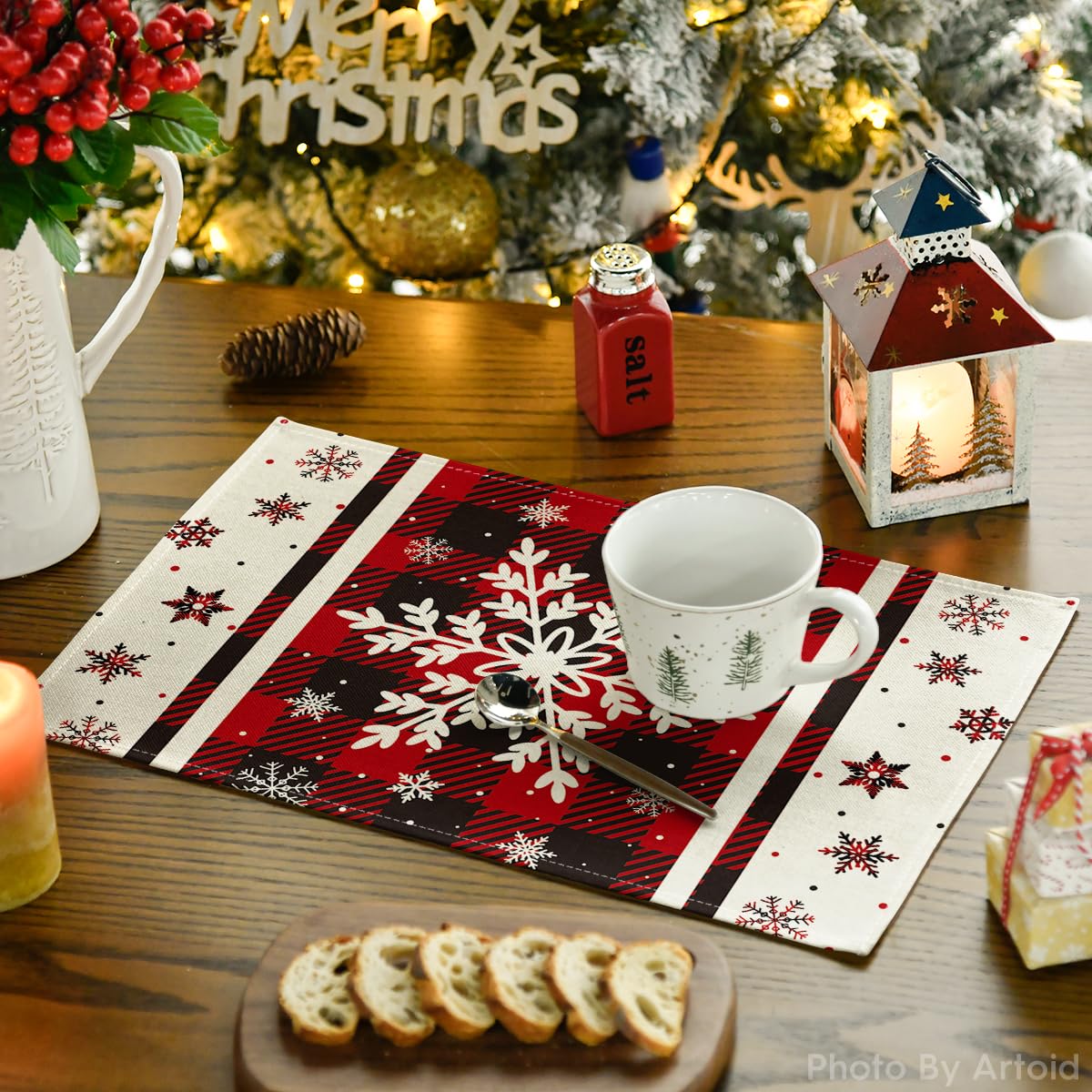 Artoid Mode Buffalo Plaid Snowflakes Winter Placemats Set of 4, 12x18 Inch Christmas Table Mats for Party Kitchen Dining Decoration Artoid Mode