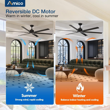 Amico Ceiling Fans without Lights, 72 inch Industrial Indoor/Outdoor Ceiling Fan with Remote Control, Reversible, 6 Blades, Noiseless, Black Ceiling Fan for Patio, Porch, Garage, shop, Farmhouse Amico