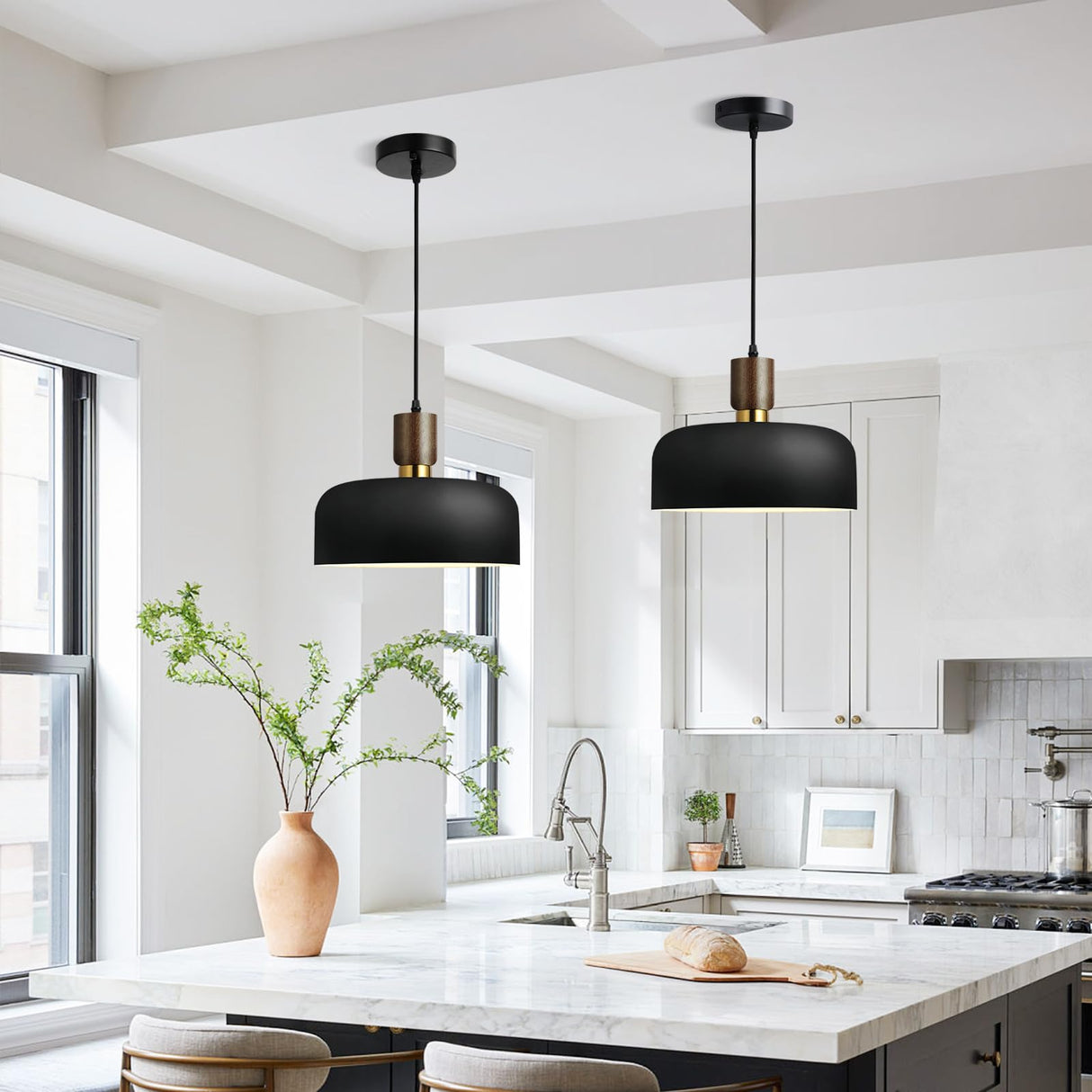 11.6" Modern Black Hanging Light,Large Pendant Light for Kitchen Island,Solid Wood with Hammered Shade,Adjustable Retro Dome Industrial Ceiling Lighting Fixture for Dining Room Hallway Entrance Eustace