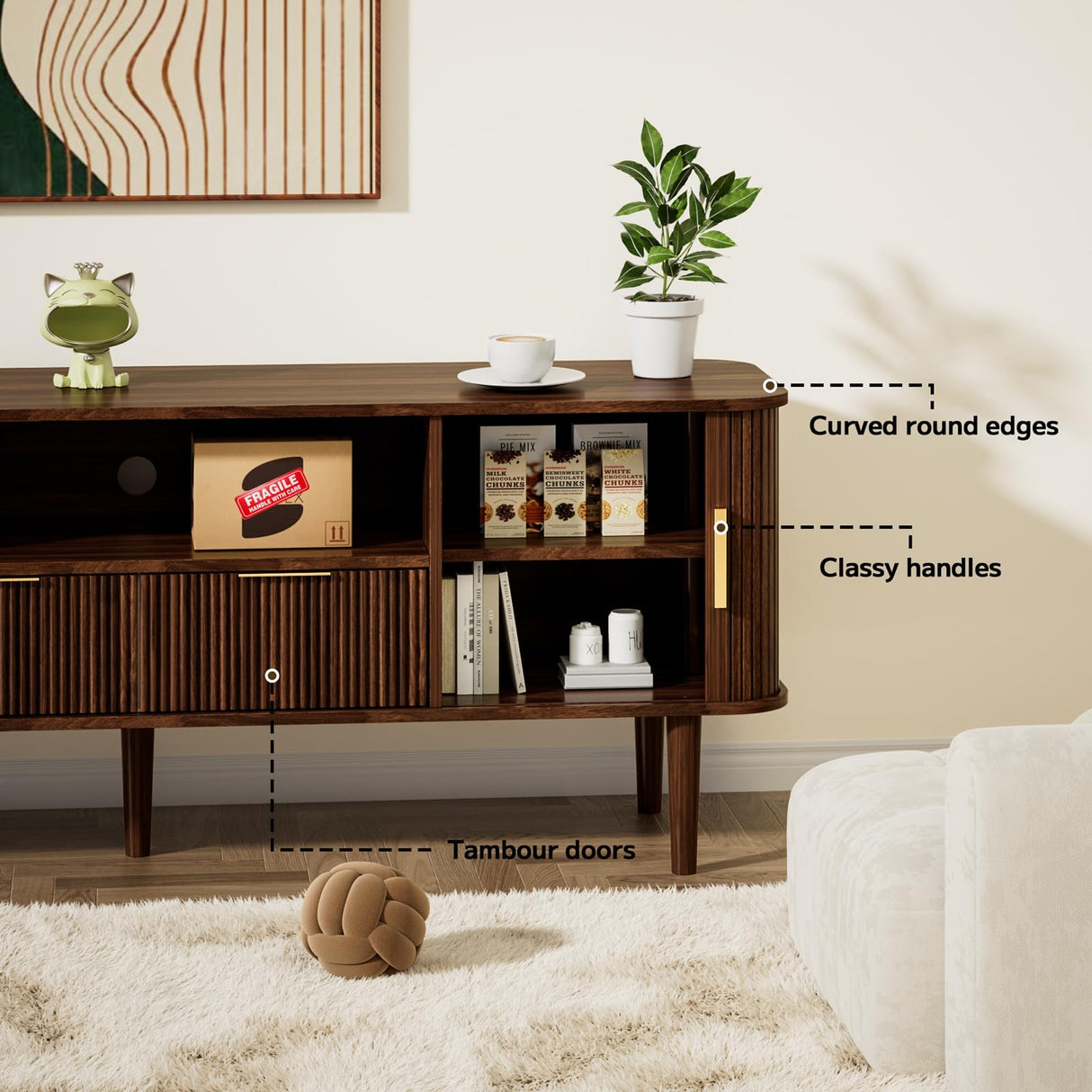 DAMCROP TV Stand 62.4 Inch Mid Century Modern Media Console Table with Drawer Shelves Sliding Tambour Door Farmhouse Sideboard Buffet Cabinet Fits TVs up to 75 inch Fluted Wood Entertainment Center DAMCROP