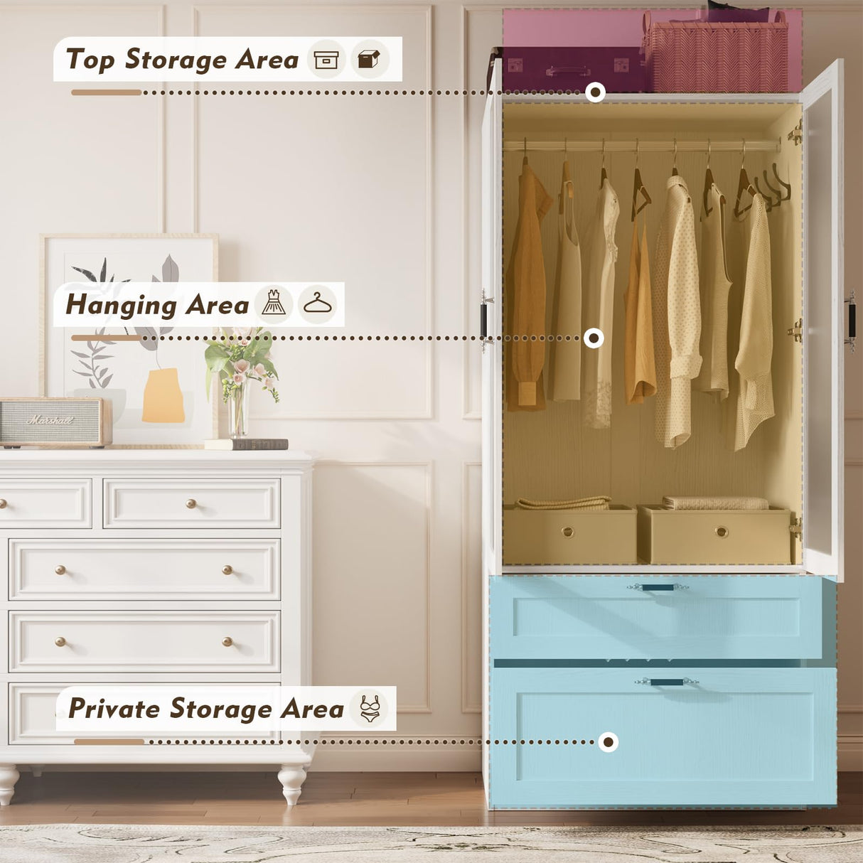 MEISSALIVVE 2 Door Wardrobe Cabinet with Hanging Rod & 2 Drawers, 70.9''H Armoire Wardrobe Closet with Frosted Glass, Wardrobe Clothes Storage Closet Cabinet for Bedroom, Wood Grain MEISSALIVVE