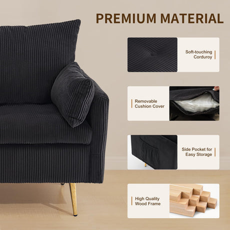 Furnimart 3-Seater Storage Sofa and Couch, Corduroy Loveseat with Accent Single Chair, Small Living Room Furniture Set for Apartment, Tiny Homes and Lofts, 2PC-Black Furnimart