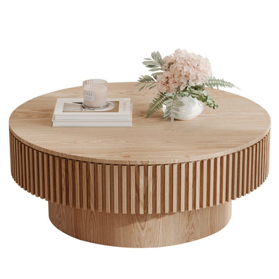 LKTART 31.5'' Natural Coffee Table Modern Handcraft Drum Round Circle Wooden Solid Wood Veneer Tea Table for for Living Room Apartment (Hidden Storage)