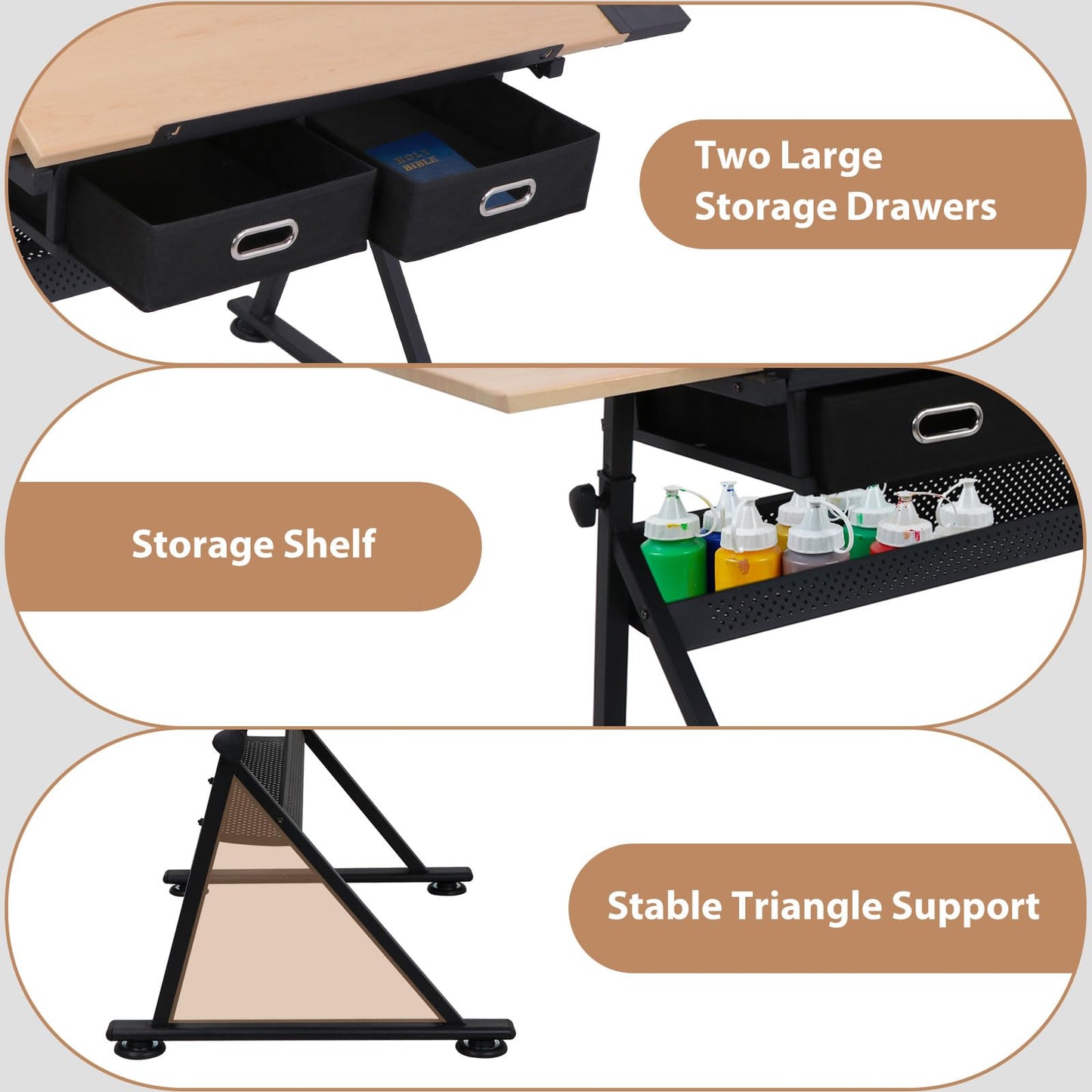 HomGarden Height Adjustable Drafting Desk Drawing Table Art Craft Work Station w/Stool, Storage Drawers for Drawing, Reading, Writing