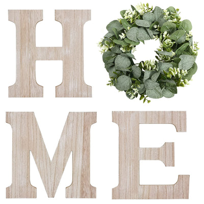 Wooden Home Sign Wall Hanging Decor Wood Home Letters for Wall Art with Artificial Eucalyptus Wreath Rustic Home Decor Farmhouse, Wall Decor for Living Room Entryway Housewarming Gift (Natural)