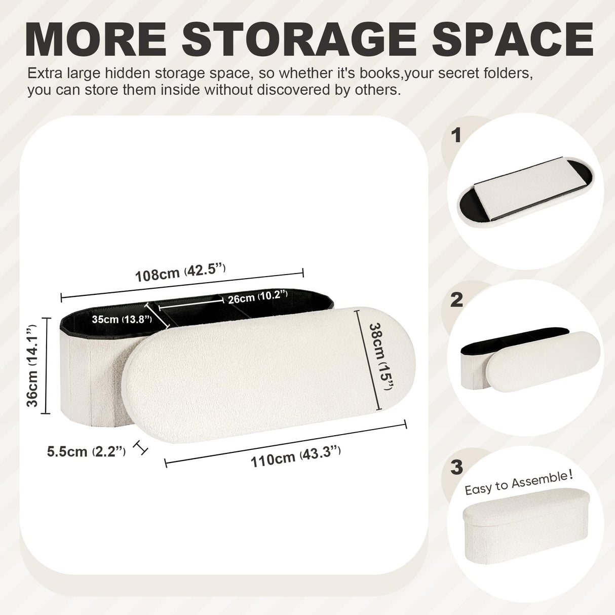 PINPLUS Storage Ottoman Bench Tufted Oval Ottomans Bench Foot Rest, Toy Chest Box Velvet Bench with Storage, 43"x15"x15" (White) PINPLUS