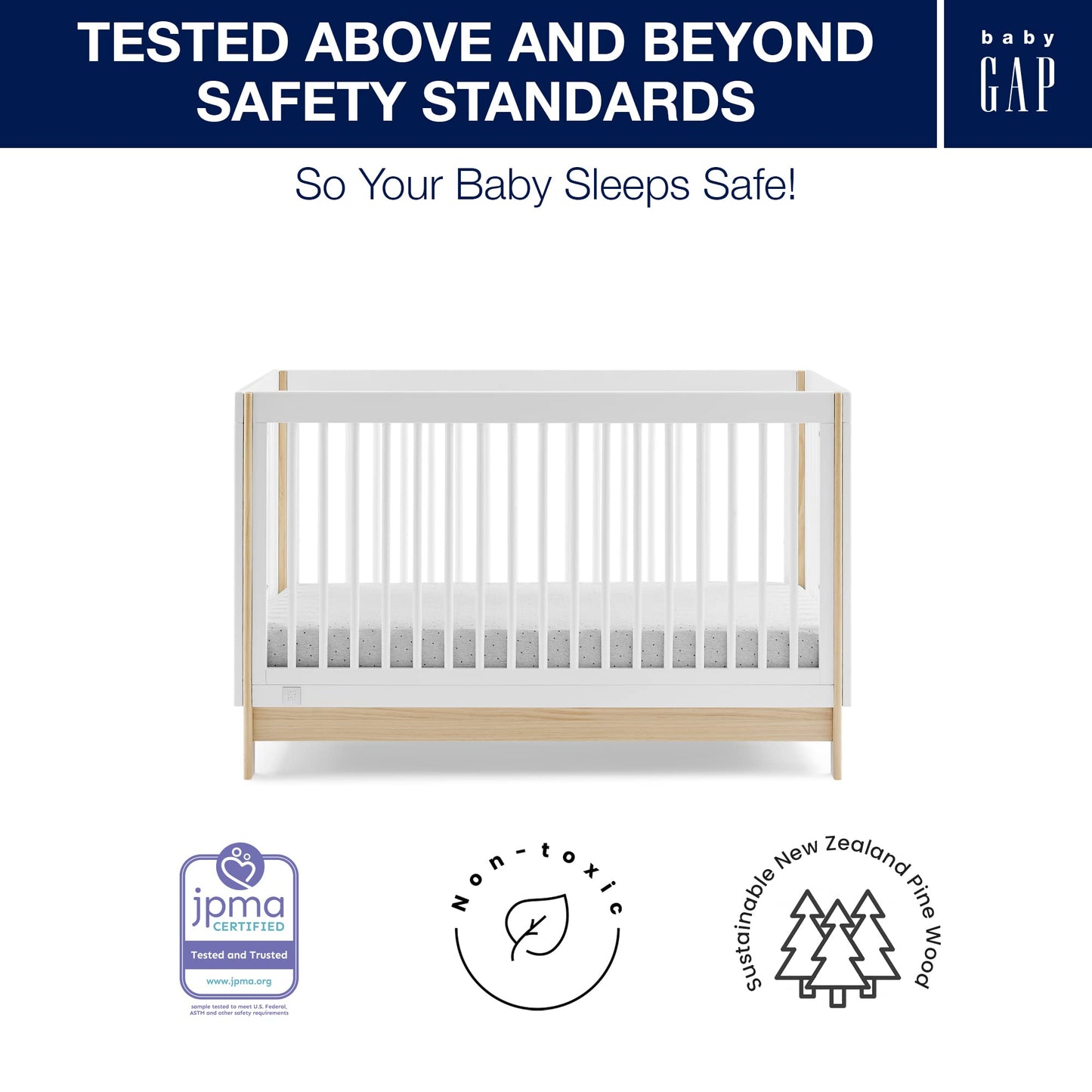 GAP babyGap Tate 4-in-1 Convertible Crib - Greenguard Gold Certified, Bianca White/Natural - WoodArtSupply