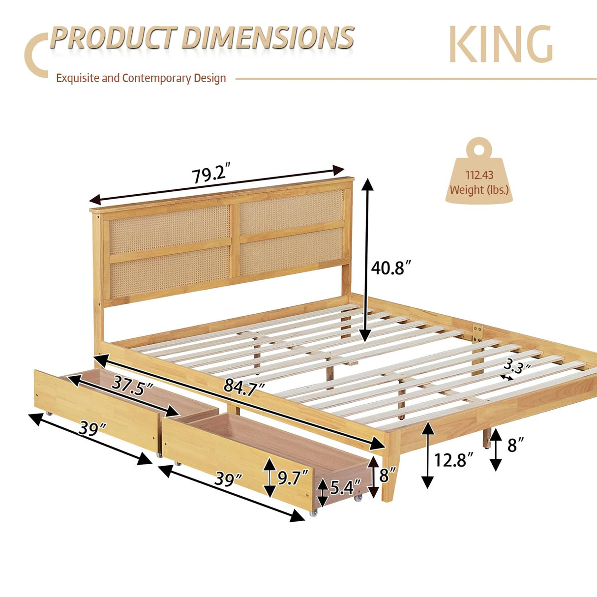 anwickjeff Boho King Size Bed Frame with Natural Rattan Headboard, Wooden Platform Bedframe, Under Bed Spacious Storage, No Box Spring Needed (Natural, King) anwickjeff