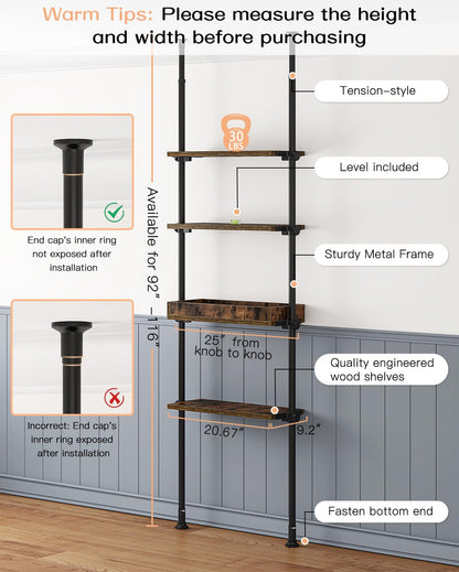 ALLZONE 4-Tier Over The Toilet Storage Shelf, Wood Bathroom Organizer Over Toilet Cabinet with Adjustable Shelf, Versatile Rack Fits Most Tight Space, Easy Assembly, 92" to 116" Height, Rustic Brown