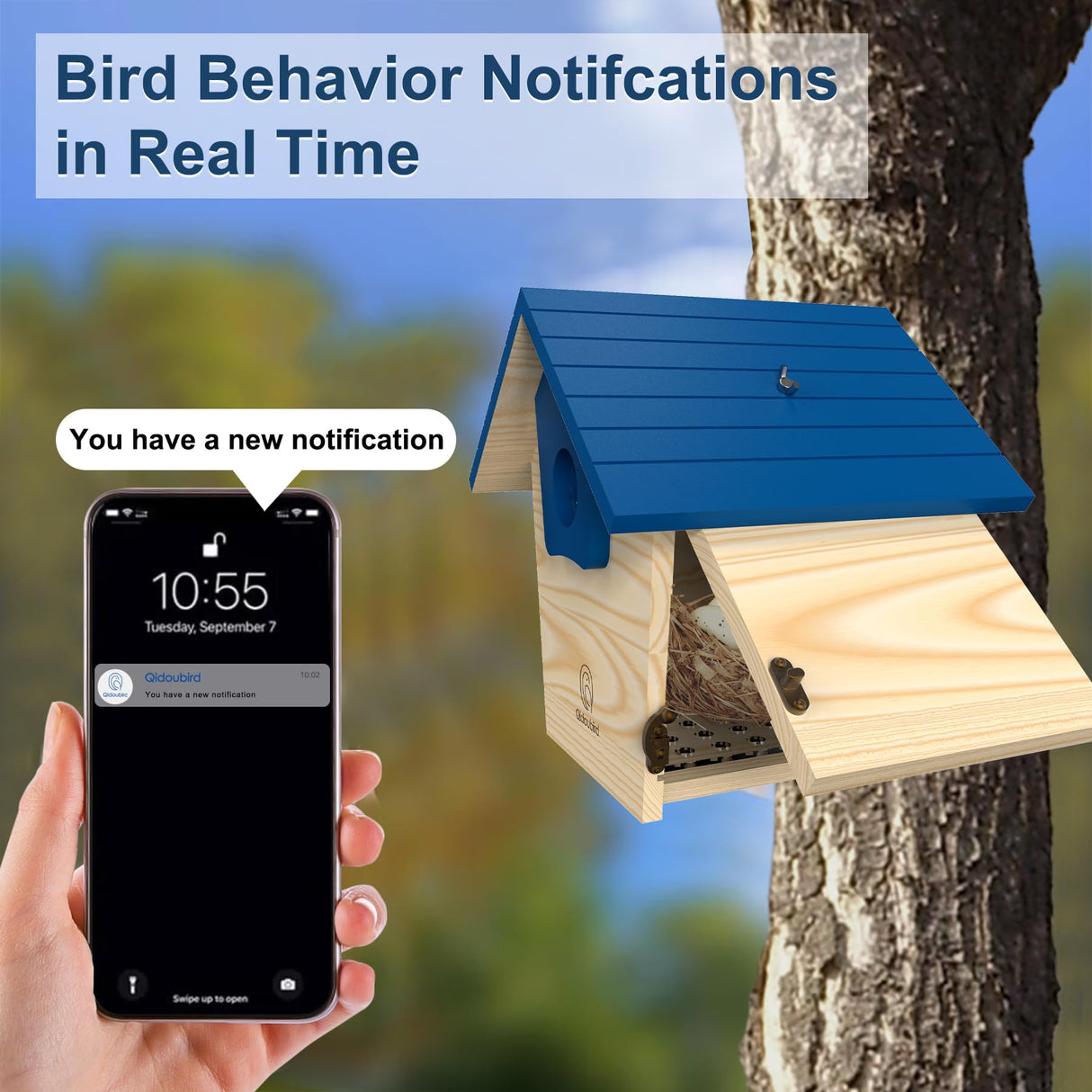 Qidoubird Smart Birdhouse with Camera, 2.4G WiFi Bird Watching Camera Night Vision, Wood Birdhouse Camera Auto Capture Bird Videos & Real Time Notify, Best for Bird Lovers Qidoubird
