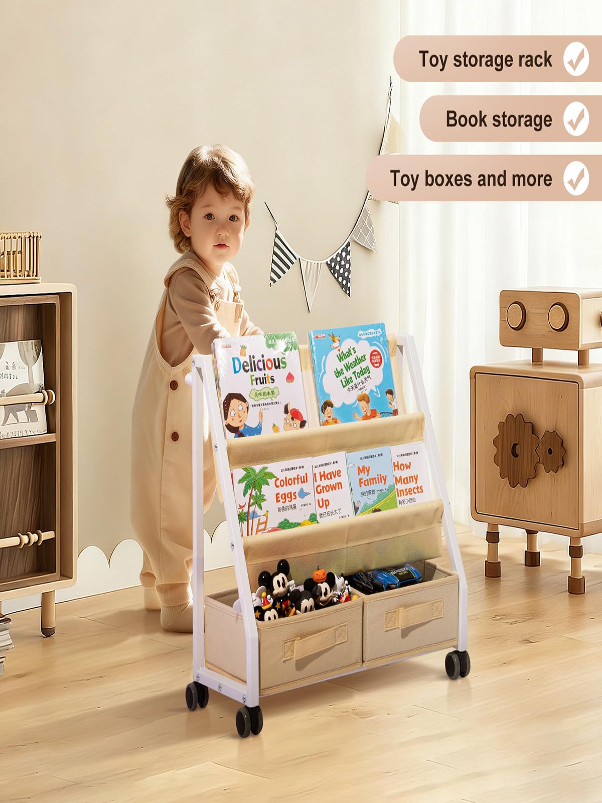 CrsaSwivo Kids Bookshelf Toy Storage - Children's Book Shelf for Kids Rooms, Toddler Bookshelf Baby Bookcase for Nursery, Montessori Toy Organizer CrsaSwivo
