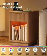 Akxomel Fluted Nightstand, Wooden Night Stand with Charging Station and LED Light, Modern Mid Century End Table with Drawer, 15" D x 15.7" W x 22.6" H, for Bedroom, Natural Oak Akxomel