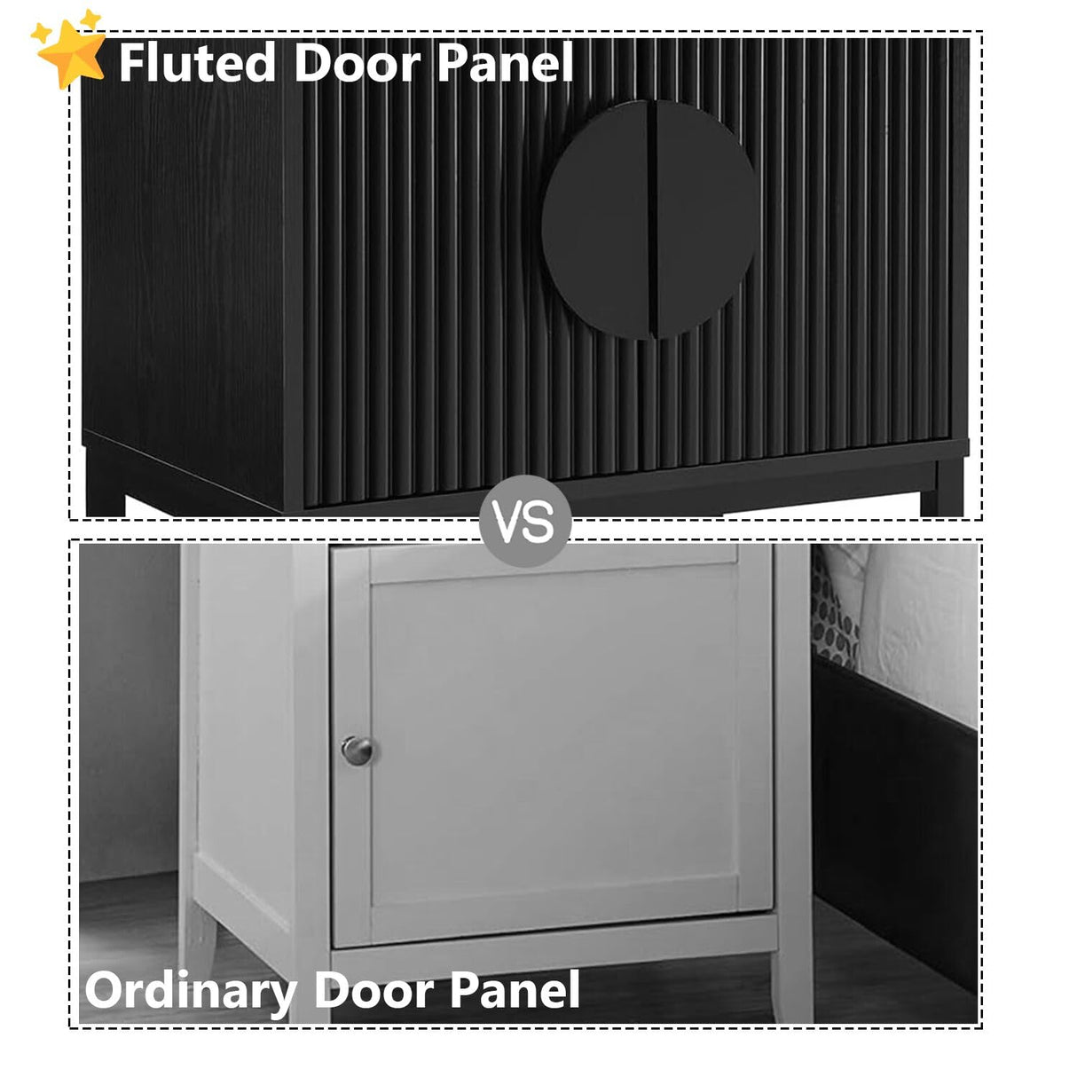 conifferism Modern Black Night Stand 24" Wide with Solid Wood Doors, Bedroom Nightstand 24" Tall Bedside Tables, Mid Century Vintage Fluted Sofa End Side Table Living Room conifferism
